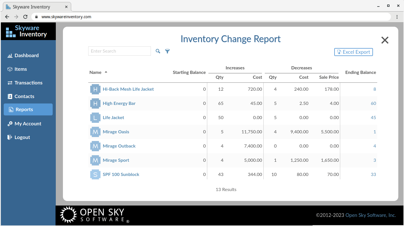 Inventory Cost Reporting Screen
